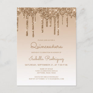 Glitter Drift Gold Quinceañera Party Briefkaart