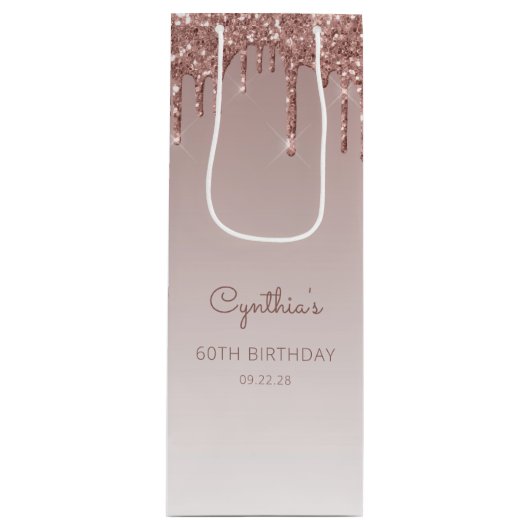 Glitter Drip 60th Birthday Roos Gold Wijn Cadeautas (Voorkant)