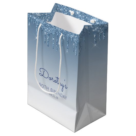 Glitter Drip 90th Birthday Blue Medium Gift Bag Medium Cadeauzakje (Voorkant Gekanteld)