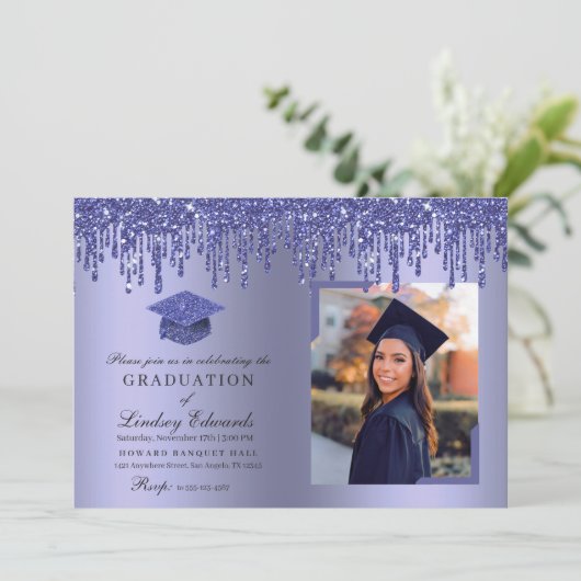 Glitter Drip Blue Afstuderen Photo Invitation Kaart (Staand voorkant)