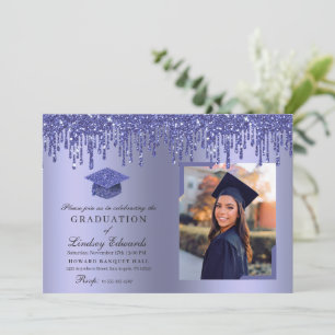 Glitter Drip Blue Afstuderen Photo Invitation Kaart