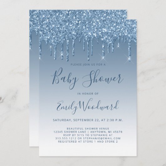 Glitter Drip Blue Baby shower Invitation (Voorkant / Achterkant)