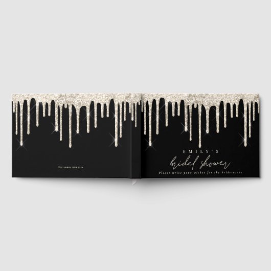 Glitter Drip Cream Script Bruiloft Zwart Gastenboek (Volledig)