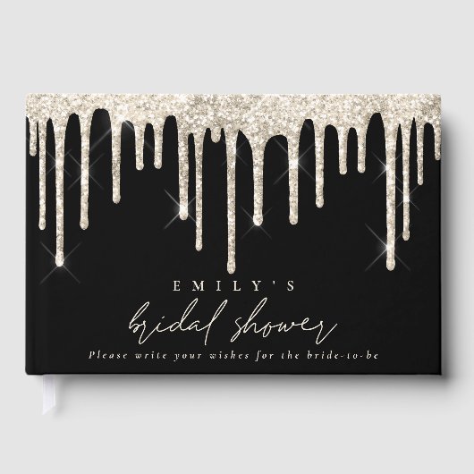 Glitter Drip Cream Script Bruiloft Zwart Gastenboek (Voorkant)