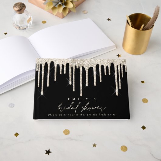Glitter Drip Cream Script Bruiloft Zwart Gastenboek (Voorkant open)