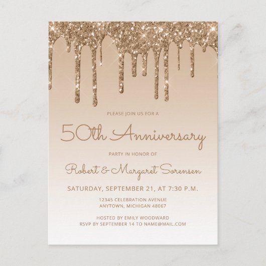 Glitter Drip Gold 50th Anniversary Invitation (Devant)