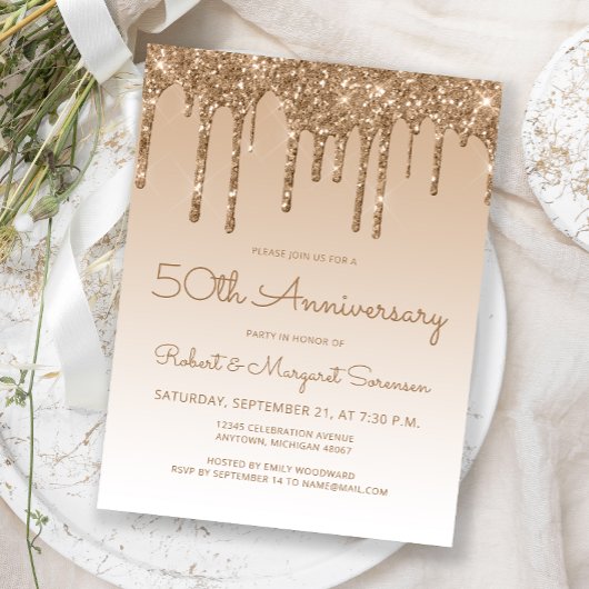 Glitter Drip Gold 50th Anniversary Invitation Briefkaart