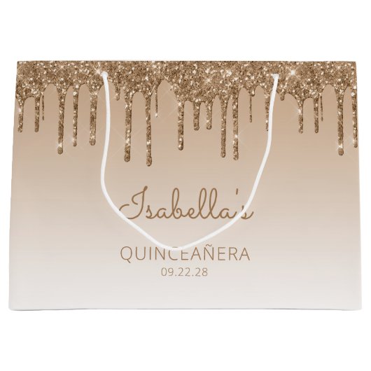 Glitter Drip Gold Quinceañera Groot Cadeauzakje (Voorkant)