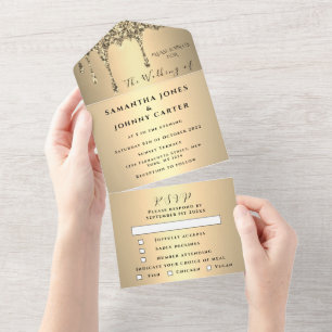 Glitter Drip Gold Sparkle RSVP Elegant Bruiloft All In One Uitnodiging