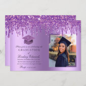 Glitter Drip Paars Afstuderen Fotouitnodiging Kaart (Voorkant / Achterkant)