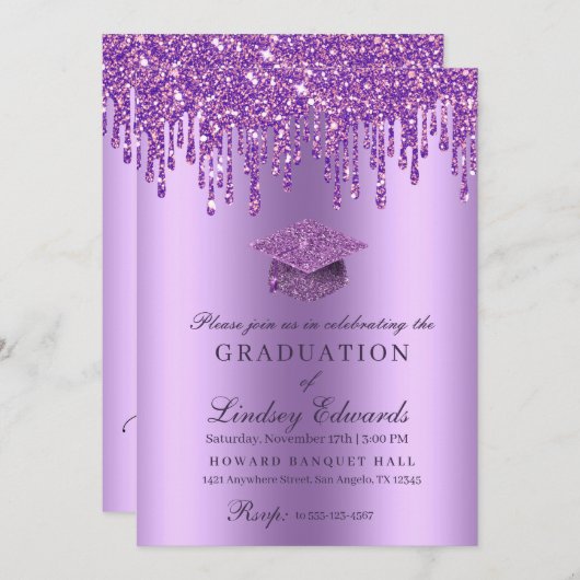 Glitter Drip Paars Afstuderen Kaart (Voorkant / Achterkant)