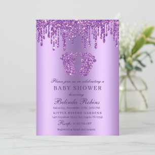 Glitter Drip Paarse Baby Voeten Baby shower Invita Kaart