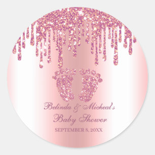 Glitter Drip Pink Baby Feet Baby shower Ronde Sticker
