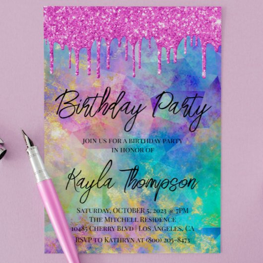 Glitter Drip Rainbow Birthday Party Invitation Kaart