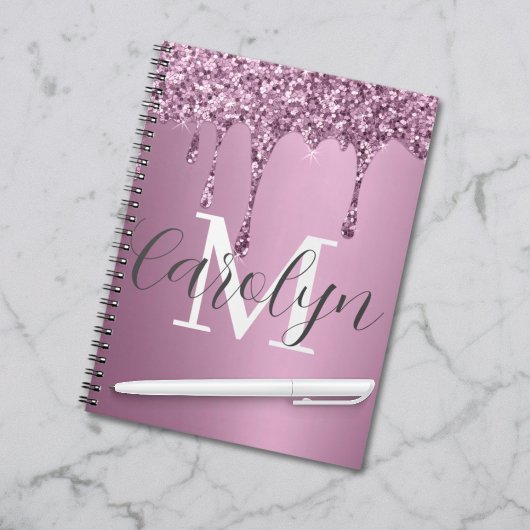 Glitter Drip Roos Blush Girly Pink Monogram Naam Notitieboek
