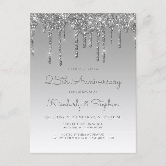 Glitter Drip Silver 25th Anniversary Invitation (Devant)