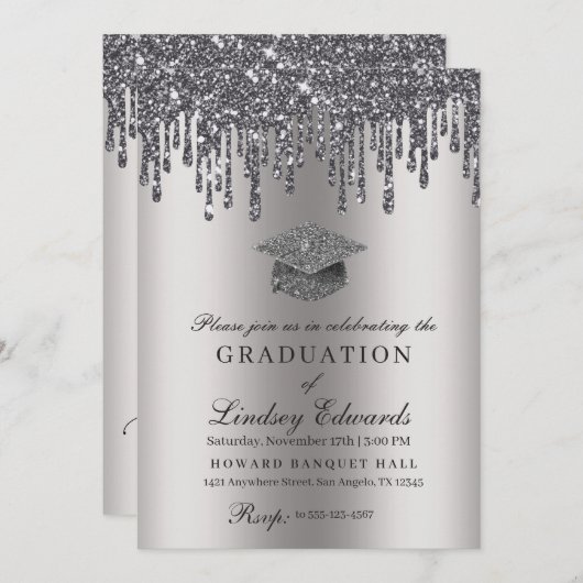 Glitter Drip Silver Afstuderen Kaart (Voorkant / Achterkant)