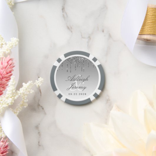 Glitter Drip Sparkle Ombre Script Silver Wedding Poker Chips (Huwelijk)