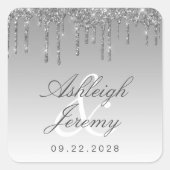 Glitter Drip Sparkle Ombre Script Silver Wedding Vierkante Sticker (Voorkant)