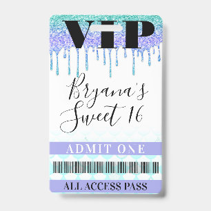 Glitter Drip Zeemeermin Teal Paars Sweet 16 VIP-pa Badge