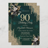 Glitter Drips Black Roses Green 90th Birthday Kaart (Voorkant / Achterkant)