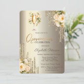 Glitter Drips Bloemen Champagne Glas Quinceañera Kaart (Staand voorkant)