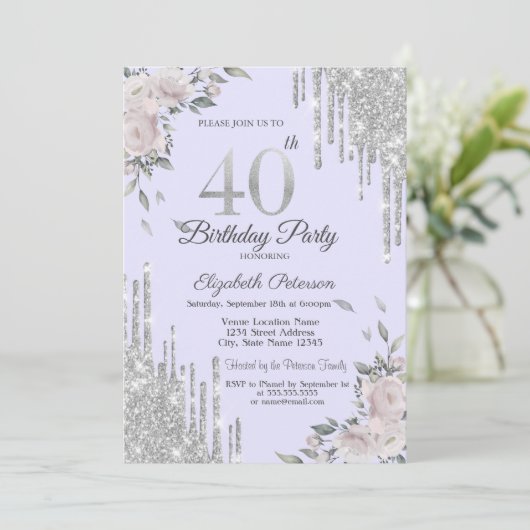 Glitter Drips, Bloemen Lavander 40ste verjaardag Kaart (Staand voorkant)