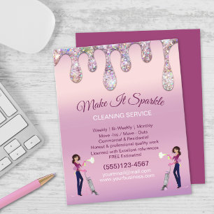 Glitter Drips Cartoon Dienstmeid Schoonmaakservice Flyer