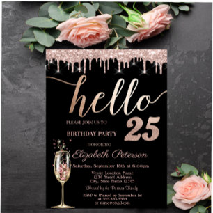 Glitter Drips, Champagneglas 25e Verjaardagsfeestj Kaart