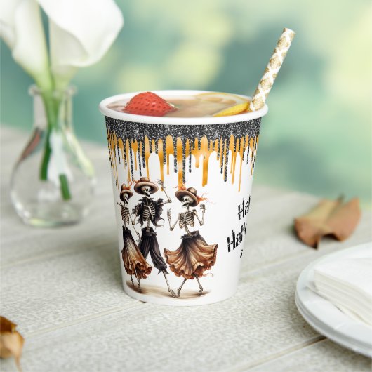 Glitter Drips Dancing Skeletons Halloween Party Papieren Bekers (Insitu)