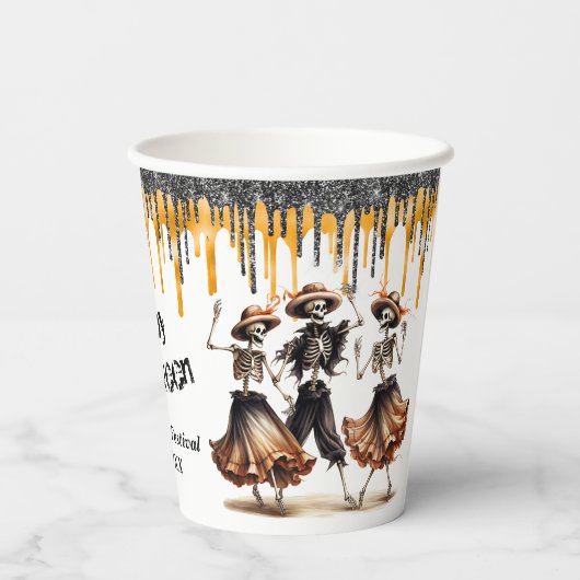 Glitter Drips Dancing Skeletons Halloween Party Papieren Bekers (Achterkant)