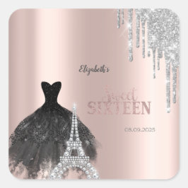 Glitter Drips,Dress,Eiffel Tower Sweet 16 Vierkante Sticker