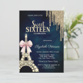 Glitter Drips,Eiffel Tower Bow Navy Blue Sweet 16 Kaart (Staand voorkant)