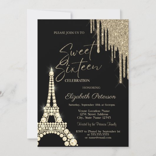 Glitter Drips,Eiffel Tower Diamonds Sweet 16 Kaart (Voorkant)