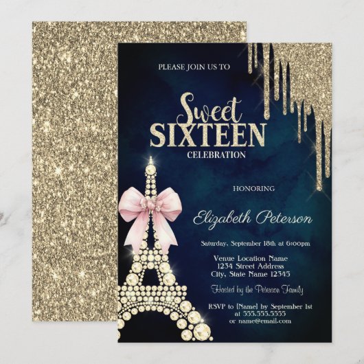 Glitter Drips, Eiffeltoren Boog Navy Blauwe Sweet Kaart (Voorkant / Achterkant)