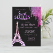 Glitter Drips, Eiffeltower Black Sweet 16 Kaart (Staand voorkant)
