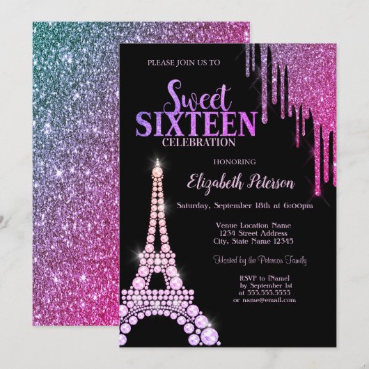 Glitter Drips, Eiffeltower Black Sweet 16 Kaart (Voorkant / Achterkant)