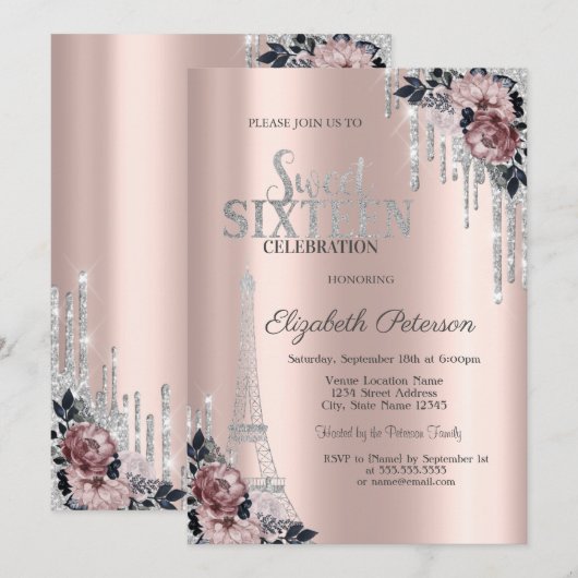 Glitter Drips, Eiffeltower Flowers Sweet 16 I Kaart (Voorkant / Achterkant)