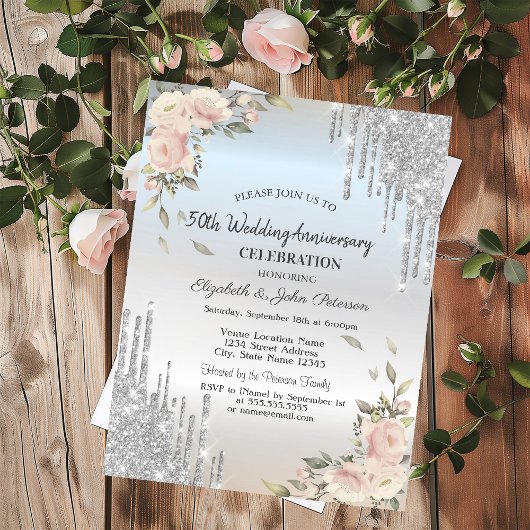 Glitter Drips, Flowers Silver Bruiloft Jubileum Kaart