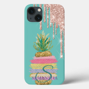 Glitter Drips Gestreepte Ananas Mint Groen iPhone 13 Hoesje