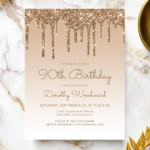 Glitter Drips Gold 90th Birthday Party Invitation Briefkaart