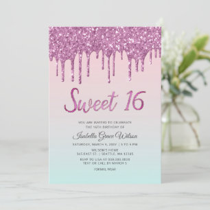 Glitter Drips Holograaf Roze Sweet 16 Birthday Kaart