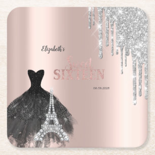 Glitter Drips,Jurk,Eiffeltoren Sweet 16 Vierkante Kartonnen Onderzetter