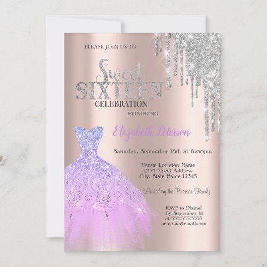 Glitter Drips, Lavander Dress Roos Gold Sweet 16 Kaart (Voorkant)