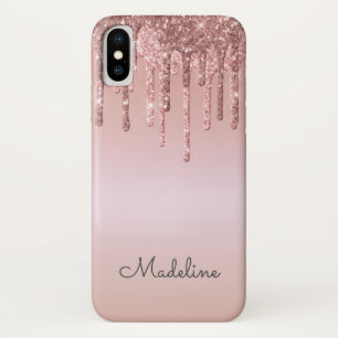 Glitter Drips Roos Blush Roze Zwart Script Naam iPhone X Hoesje