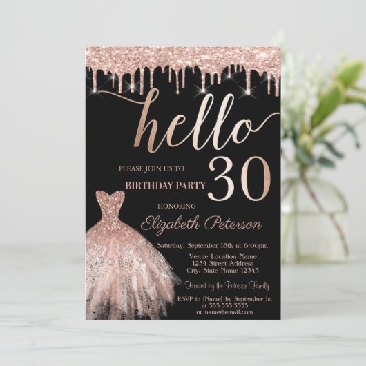 Glitter Drips Roos Gold Dress 30e verjaardag Kaart (Staand voorkant)
