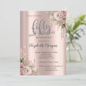 Glitter Drips Roos Gold Flowers 50th Birthday Kaart (Staand voorkant)