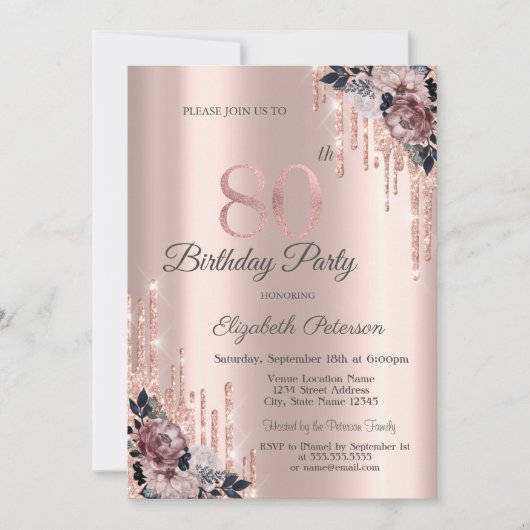 Glitter Drips Roos Gold Flowers 80ste verjaardag Kaart (Voorkant)