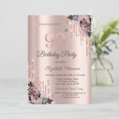 Glitter Drips Roos Gold Flowers 90e Verjaardag Kaart (Staand voorkant)