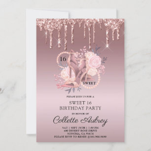 Glitter Drips Roos Gold Sweet 16 zaterdag Kaart